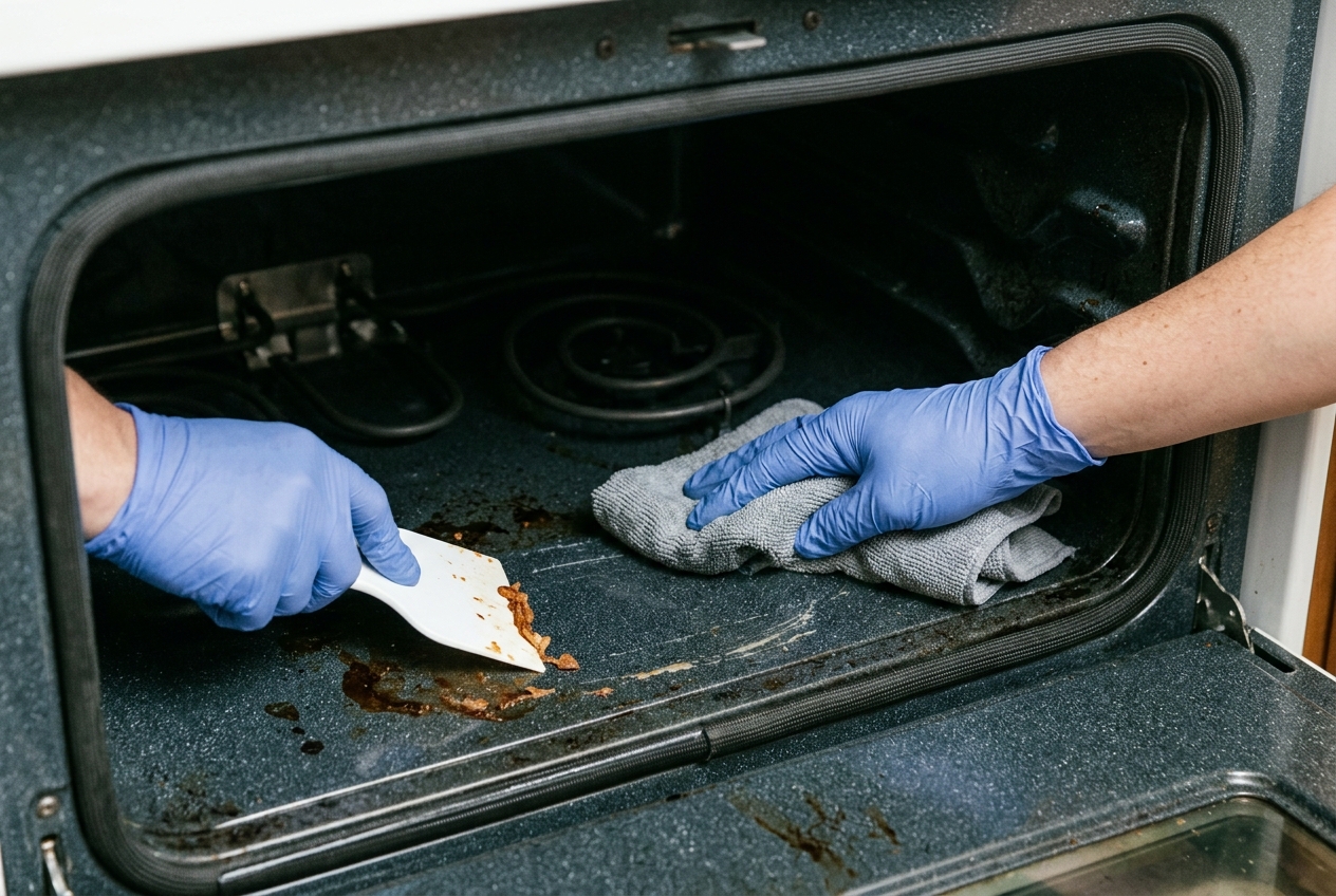 A microfiber cloth removing softened residue from a cool oven.