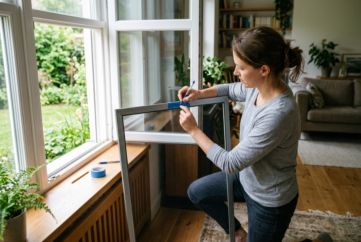 A homeowner labels a removable window screen frame indoors before taking it out for winter cleaning.