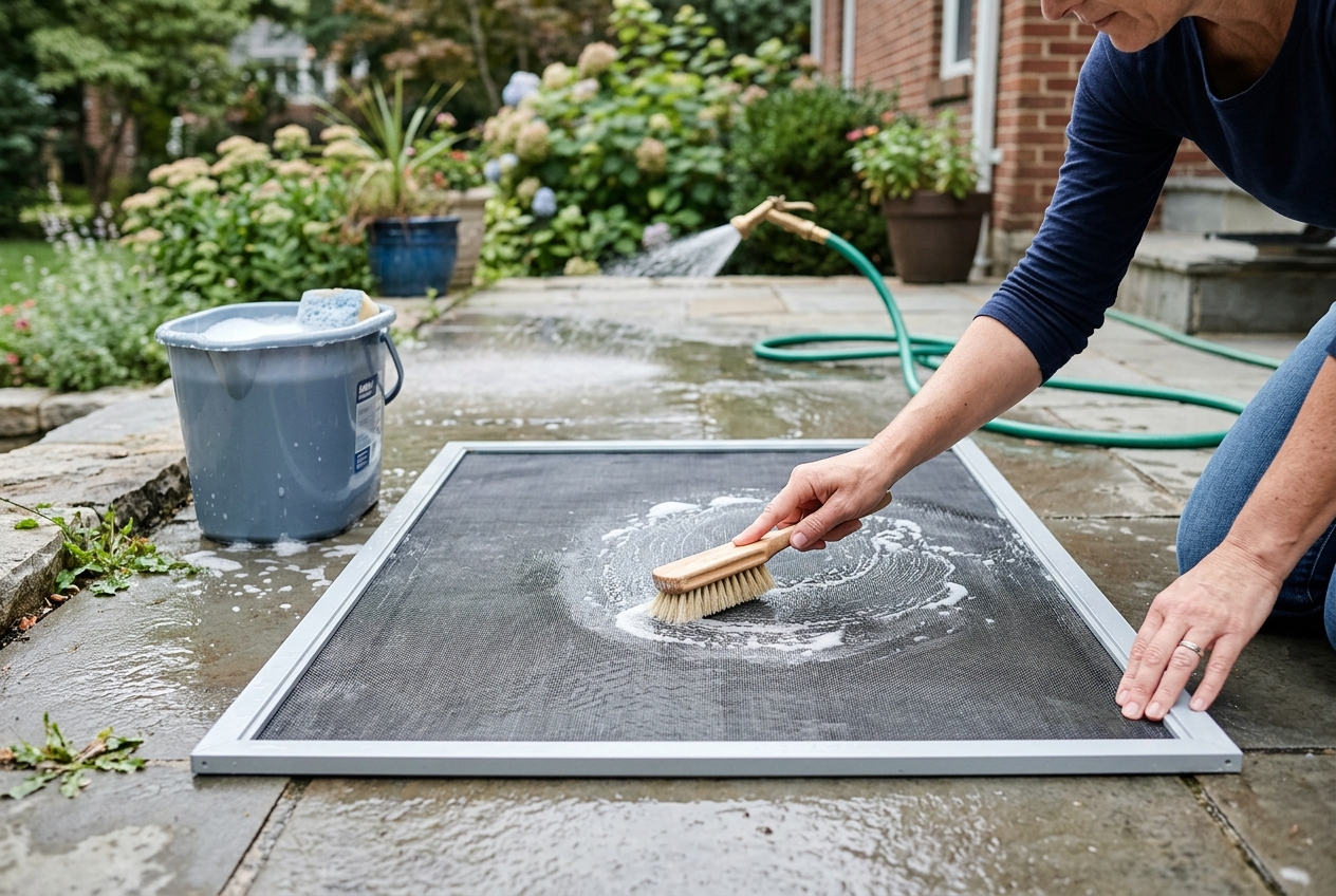 A removable flat window screen lies on a clean patio while it is washed with mild soapy water and a soft brush.