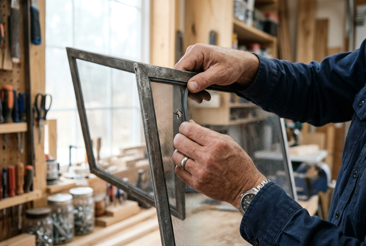 A dry window screen is inspected in daylight for a loose spline and a small tear before winter storage.