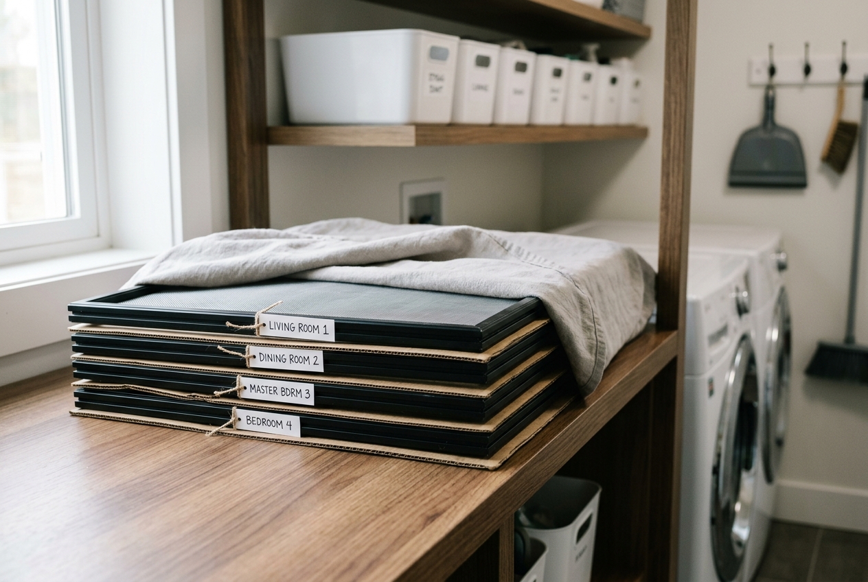 Labeled dry window screens are stored flat with soft protective layers on a clean indoor shelf.