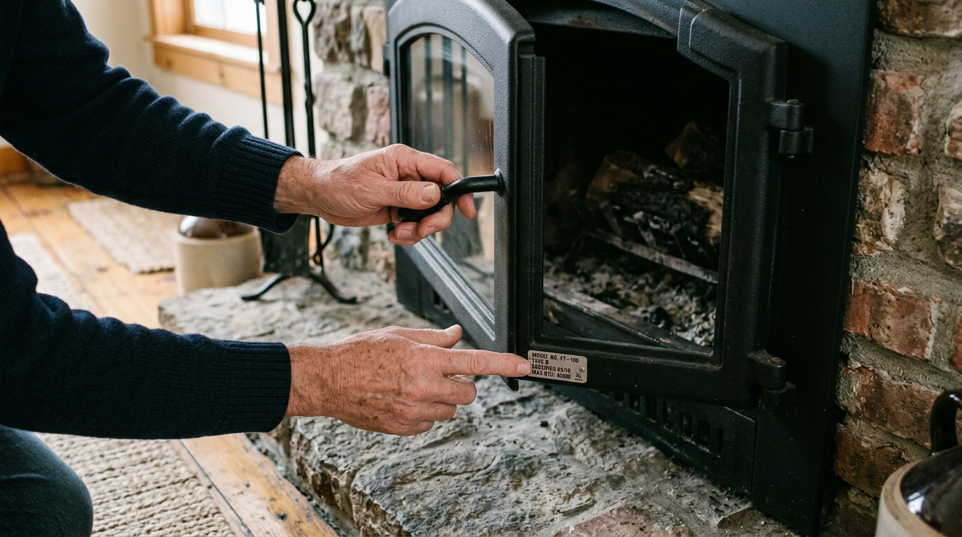 A homeowner checks a completely cold fireplace door and model label before cleaning the glass.