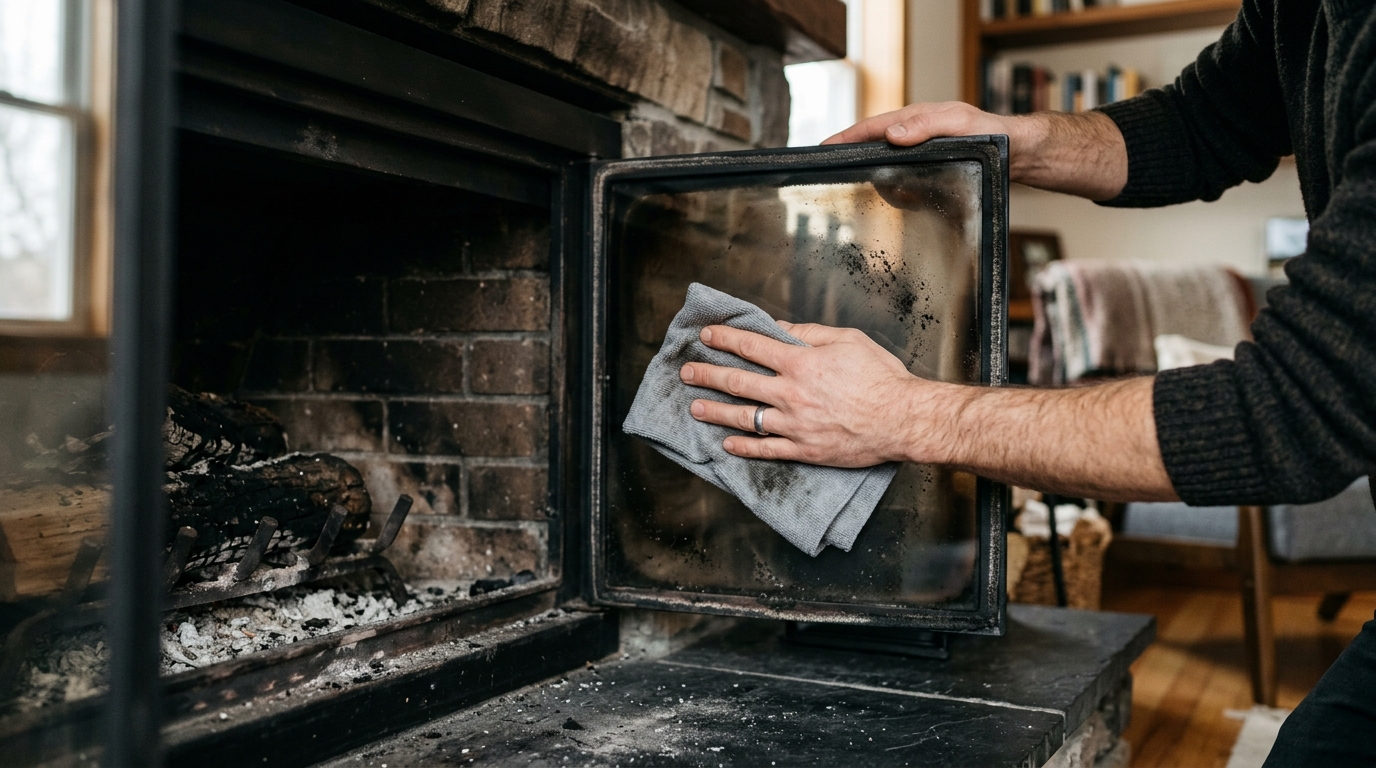 A soft microfiber cloth gently removes loose ash from a cold fireplace glass door.
