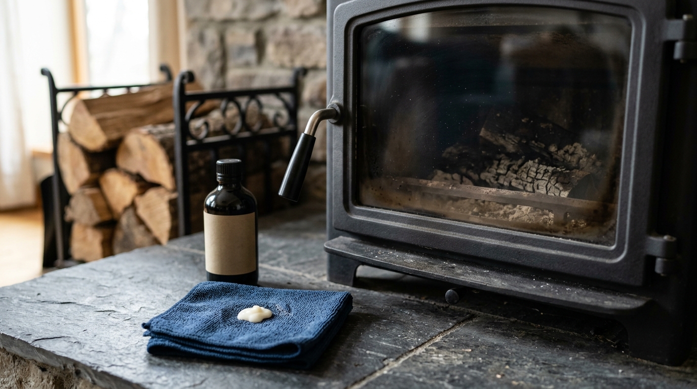 A small amount of approved fireplace-glass cleaner is applied to a cloth beside a cold wood-stove door.