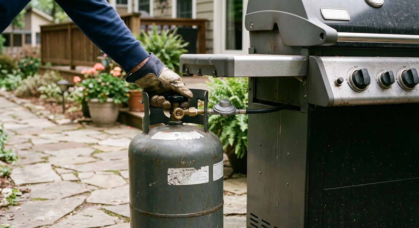 A homeowner with a cold outdoor grill closes a propane cylinder valve before cleaning.
