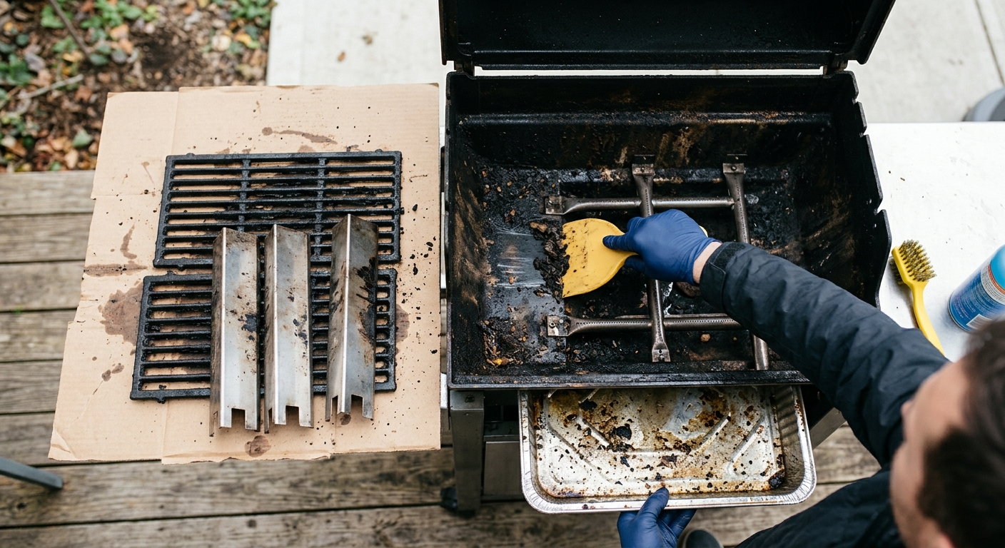 Cooking grates and heat tents rest on cardboard while a homeowner scrapes a cool grill cook box.