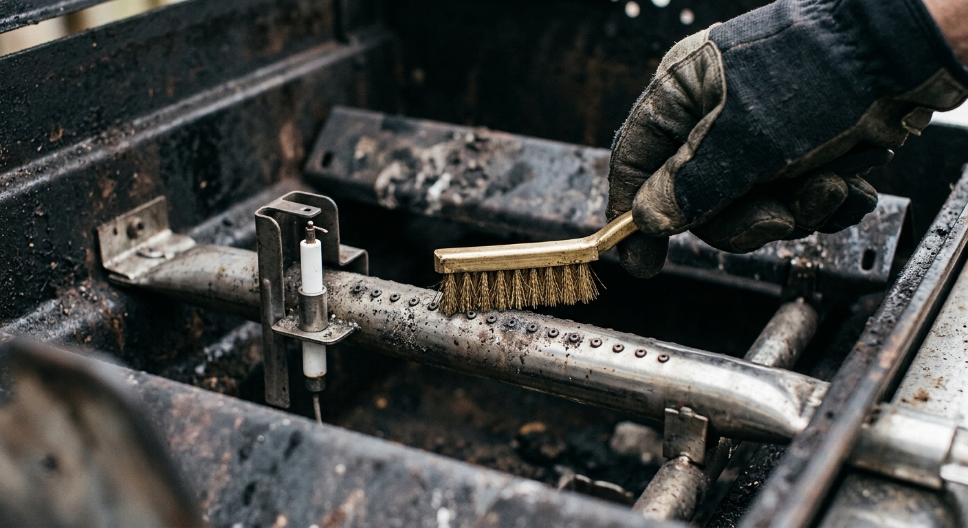 A close view of a gas grill burner being brushed across its ports with the igniter protected.