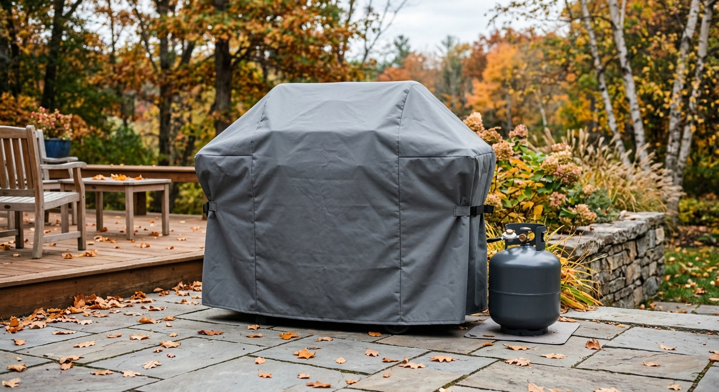 A clean, dry covered grill stands on a patio with its propane cylinder stored upright outdoors beside it.