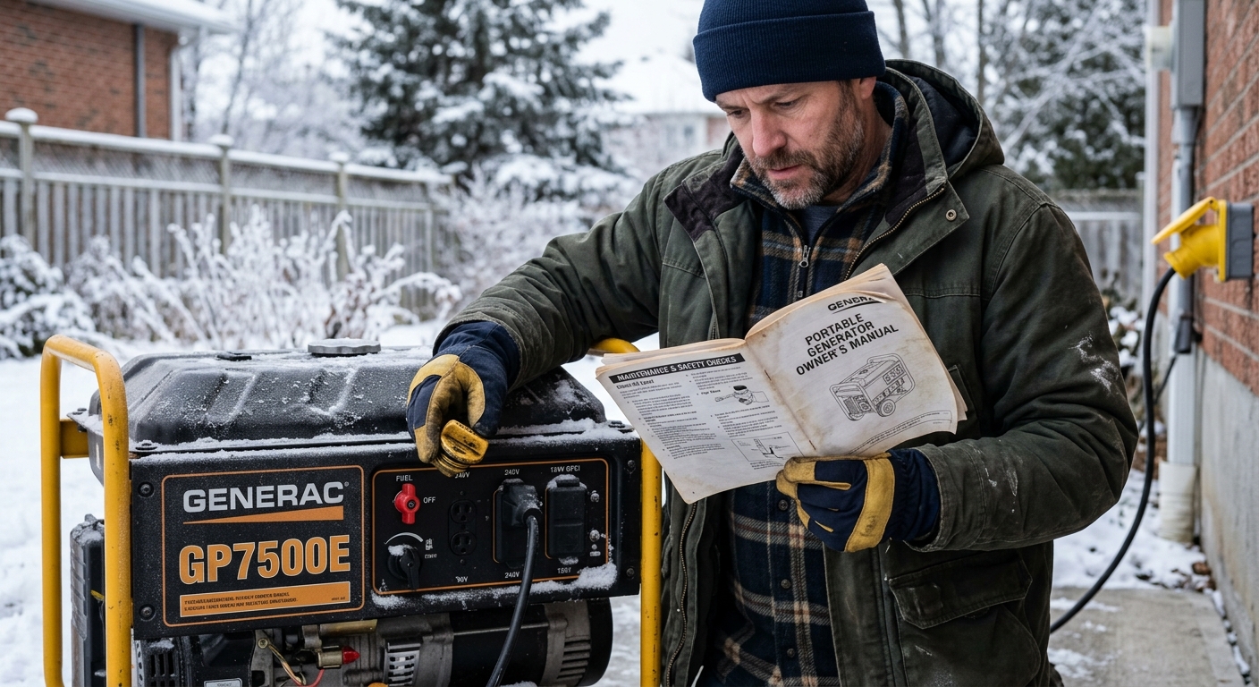Homeowner checks a portable generator manual and inspection points.