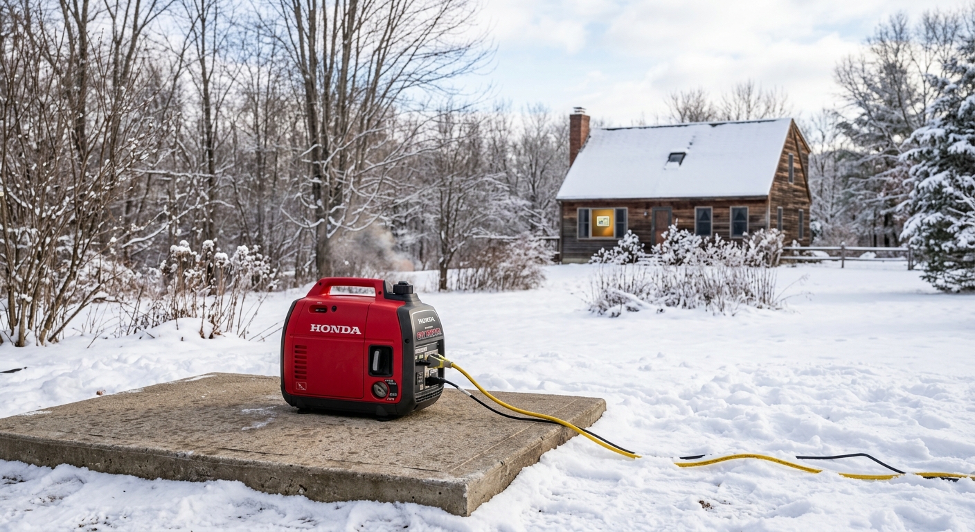Generator runs outdoors with clear space and distant home openings.