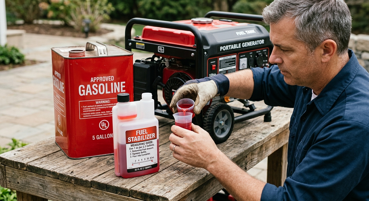 Fuel stabilizer and approved fuel container staged beside generator.