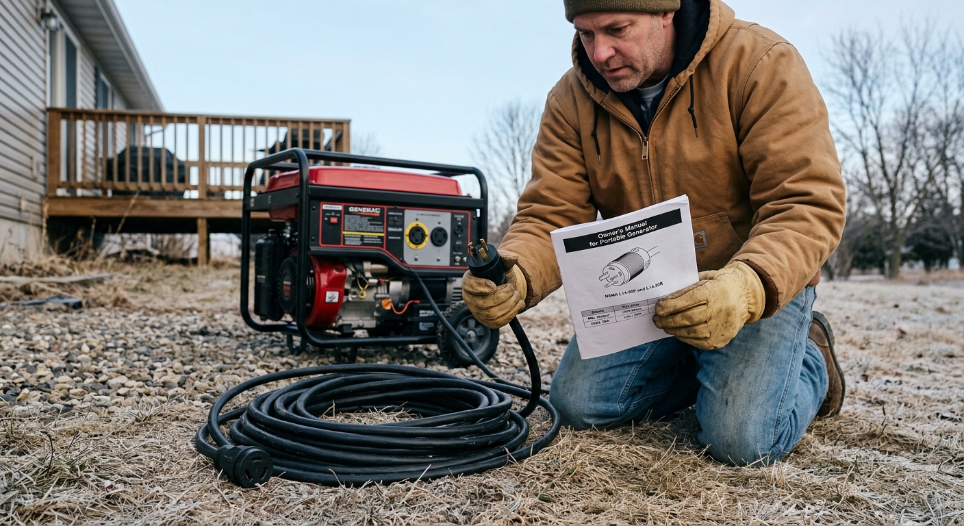 Homeowner matches a generator extension cord to the correct outlet.