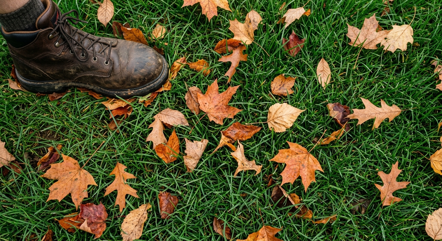 Thin dry leaves scattered over a lawn with green grass clearly visible.