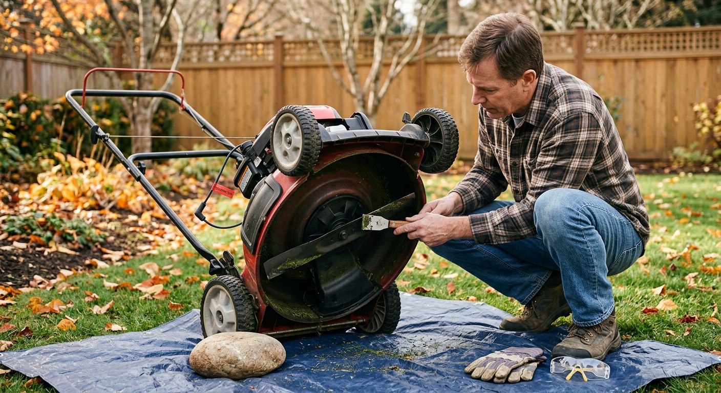 Homeowner checks a mower blade and mulch plug with the engine safely off.