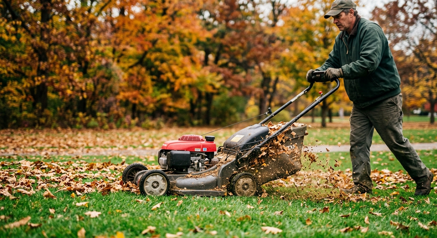 Mulching mower makes a slow second pass across dry leaves on grass.