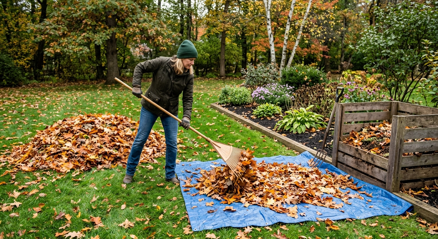 Raked excess leaves are moved from lawn to a compost bin beside a garden bed.