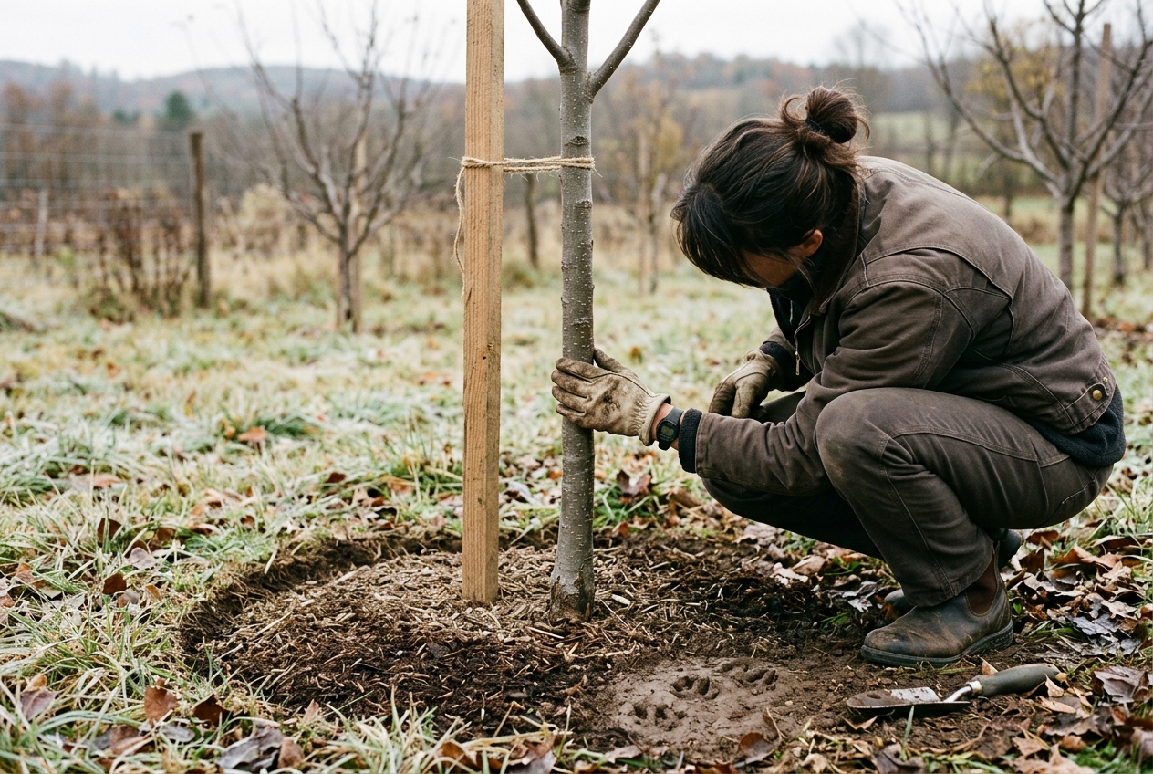 A gardener examines the south side of a young apple tree trunk for winter exposure and animal damage.