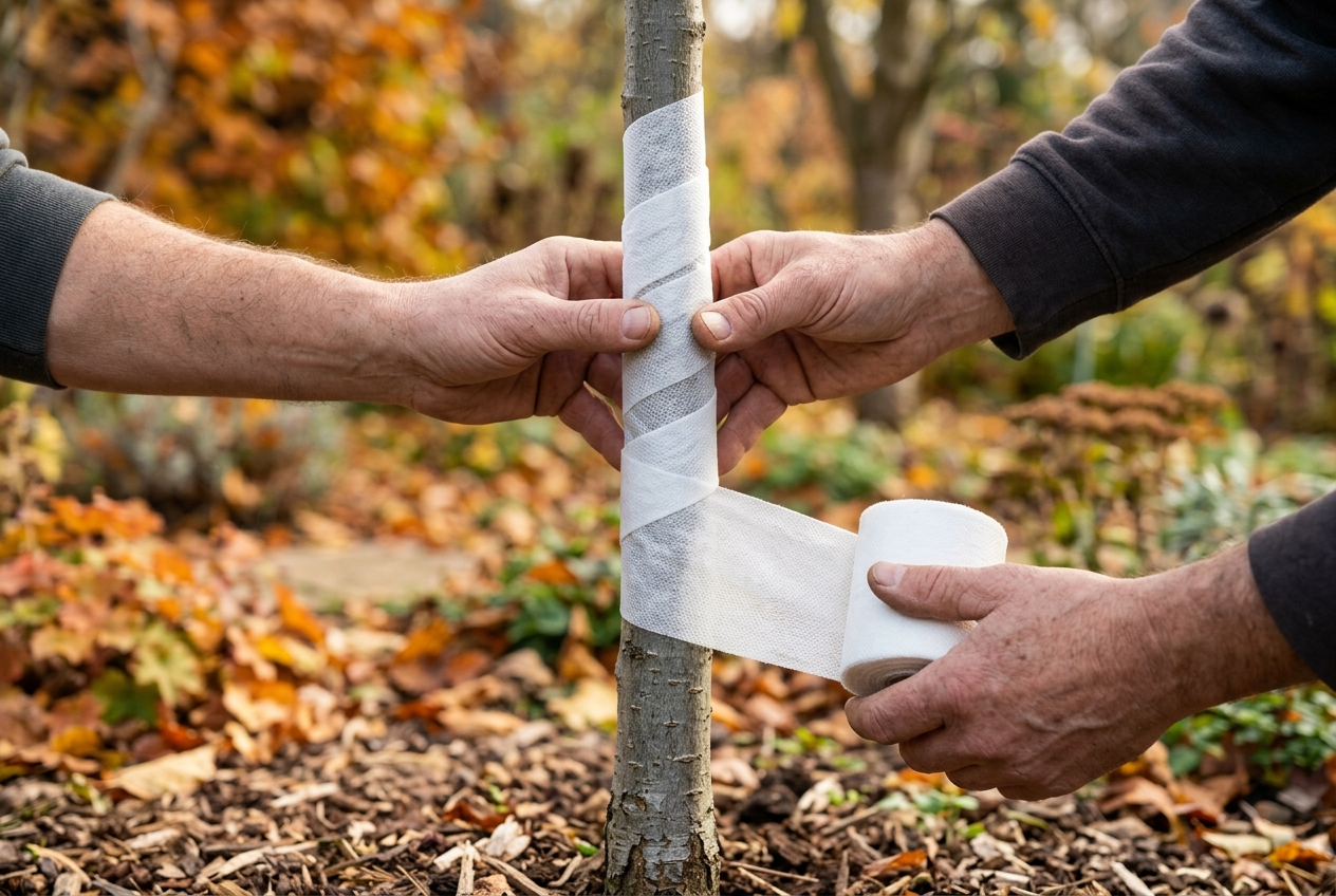 White tree wrap is applied from the base upward in overlapping spirals on a young deciduous tree.