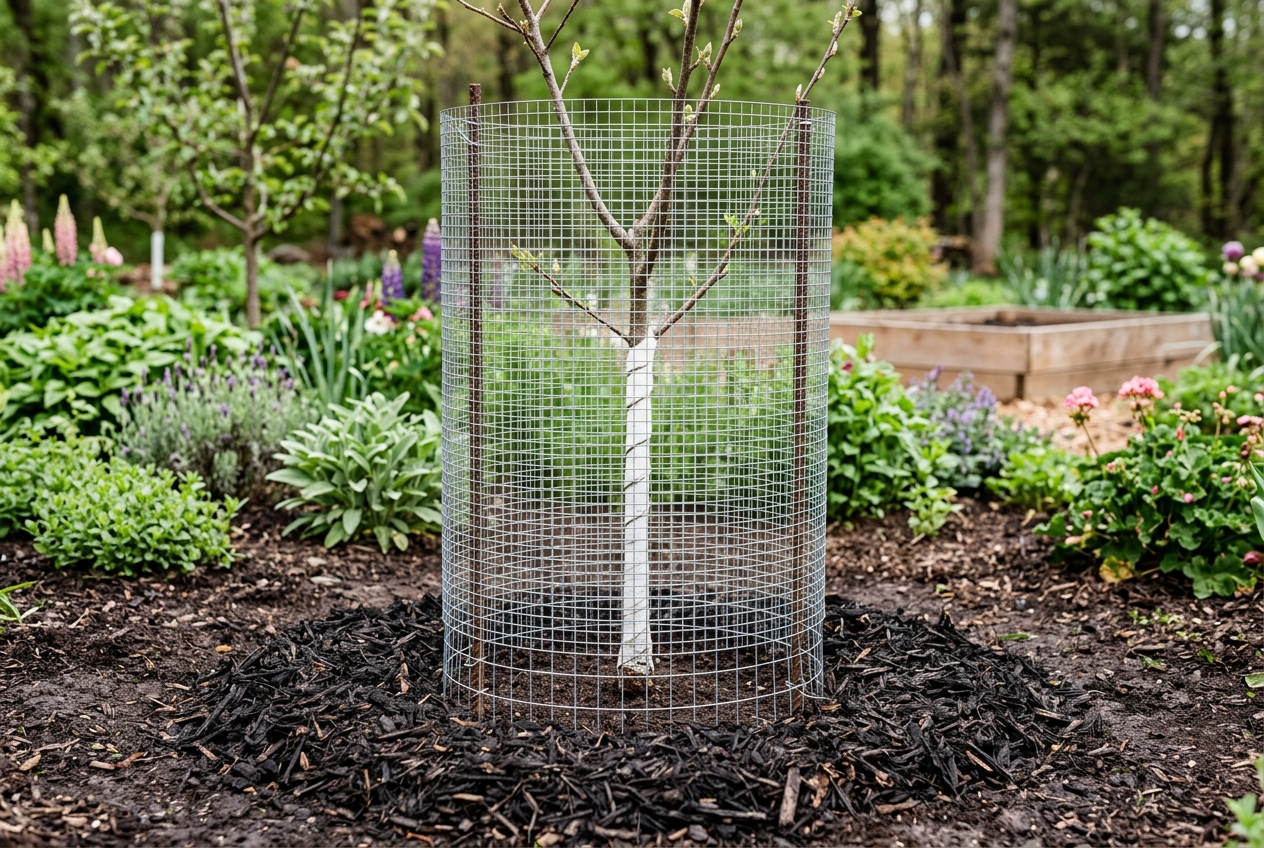 A roomy galvanized hardware-cloth cylinder surrounds a young tree, anchored above a mulched root zone.