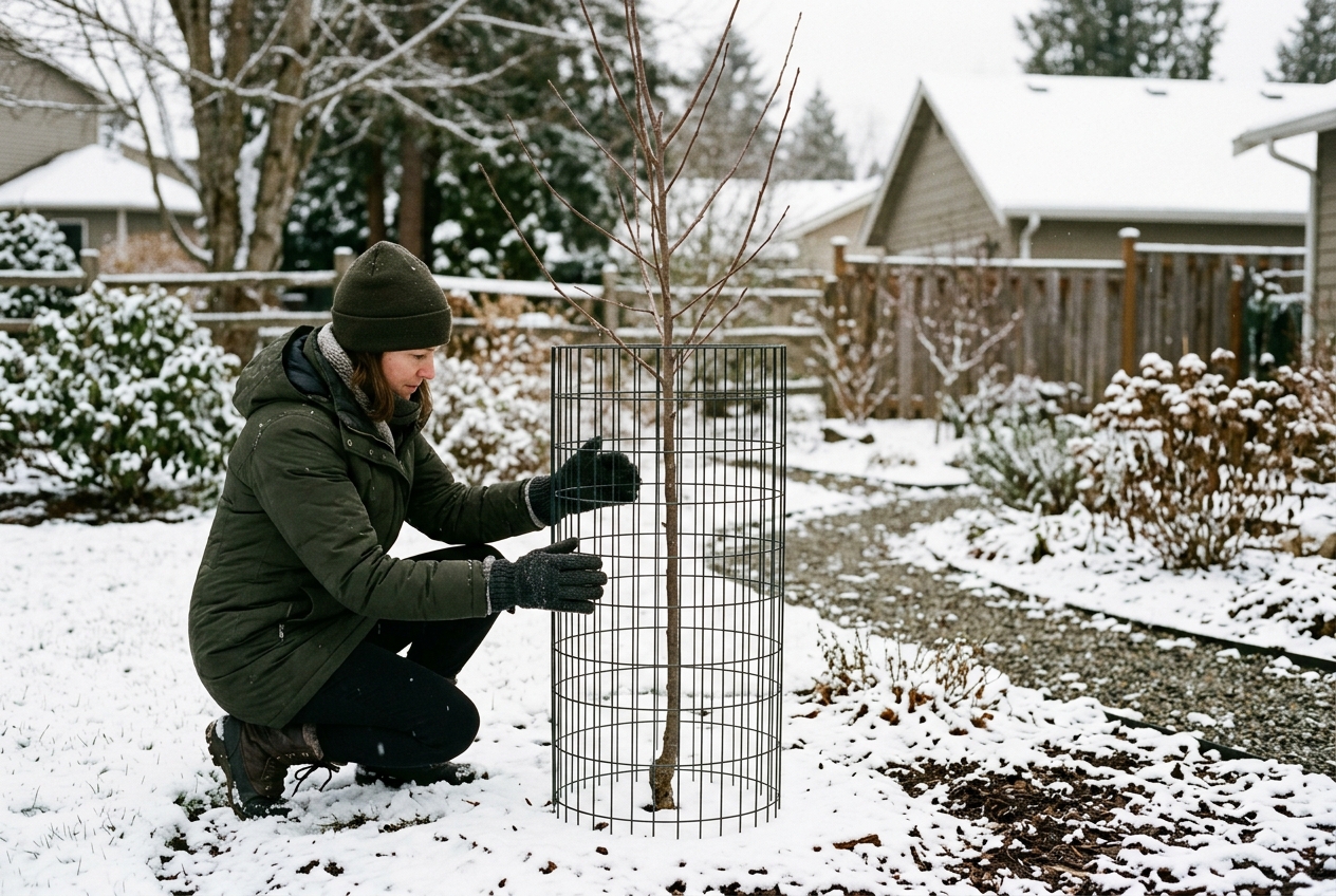 A homeowner checks a tree guard after snowfall, confirming the wire remains above the snow line and clear of bark.