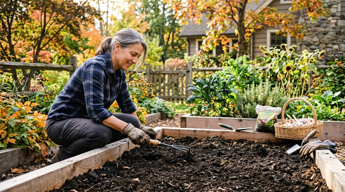 A gardener prepares a sunny raised garden bed with loose compost-amended soil for fall garlic planting.