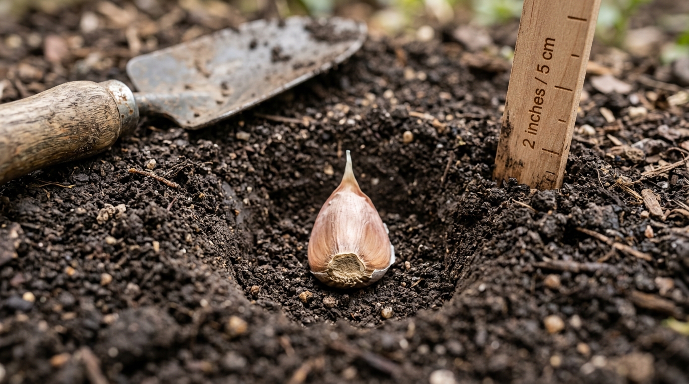 Close-up of a garlic clove placed root-side down and pointed-tip-up in a measured planting hole.