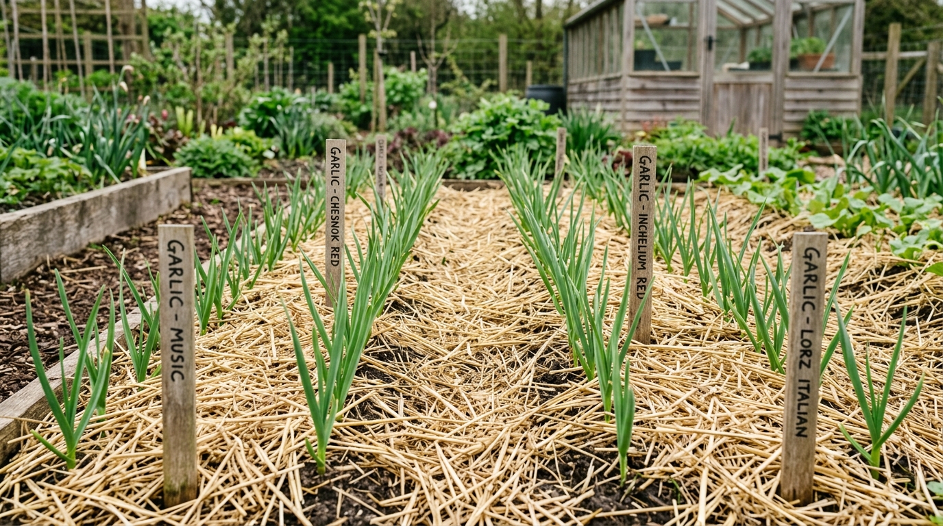 A straw-mulched garlic bed with small green shoots emerging evenly between labeled rows in spring.