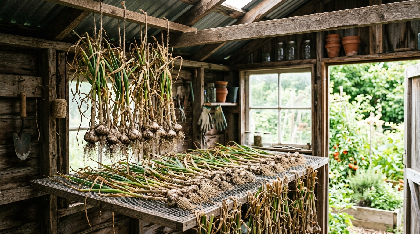 Freshly lifted garlic plants cure in a shaded airy shed with roots and leaves still attached.