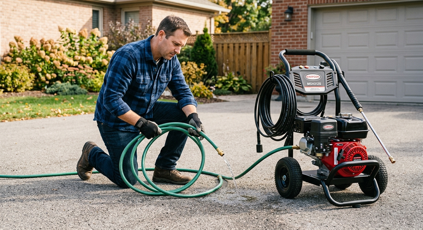 Draining water from pressure washer hoses after shutting down the machine.