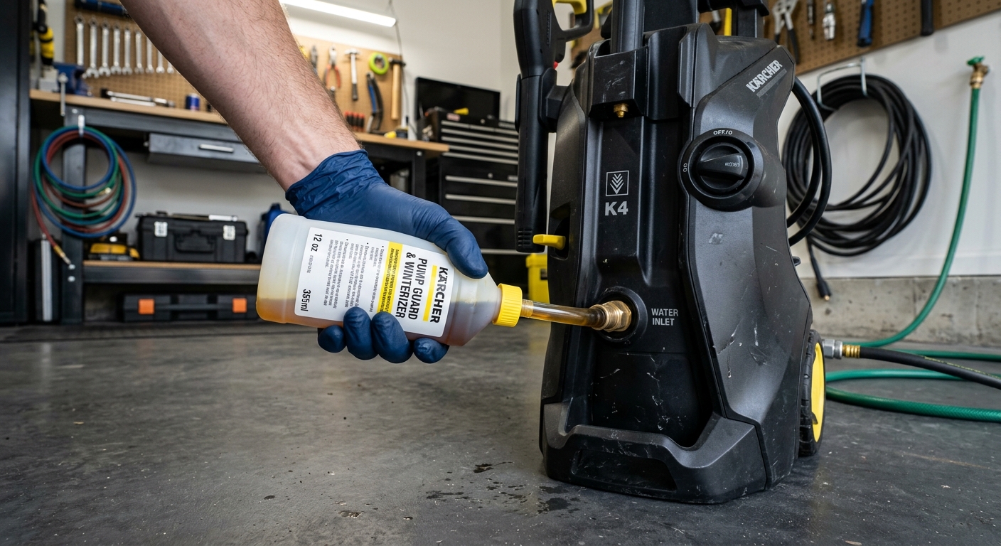Adding pump protector fluid through the pressure washer water inlet.