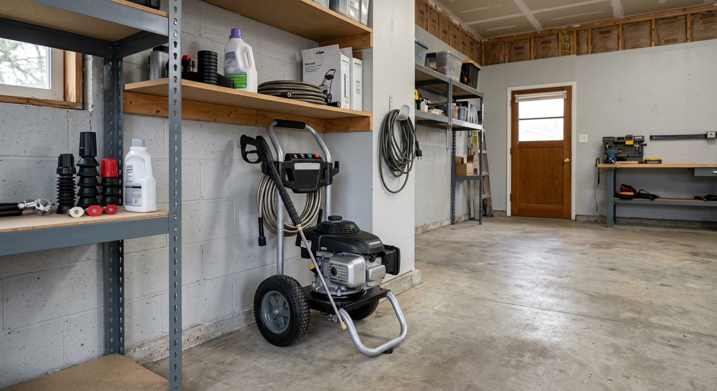 Pressure washer stored clean and dry away from ignition sources.