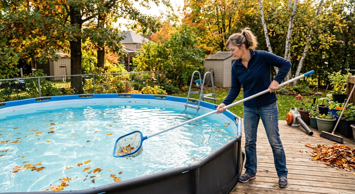 A homeowner skims leaves from a clean above-ground pool before winter closing.