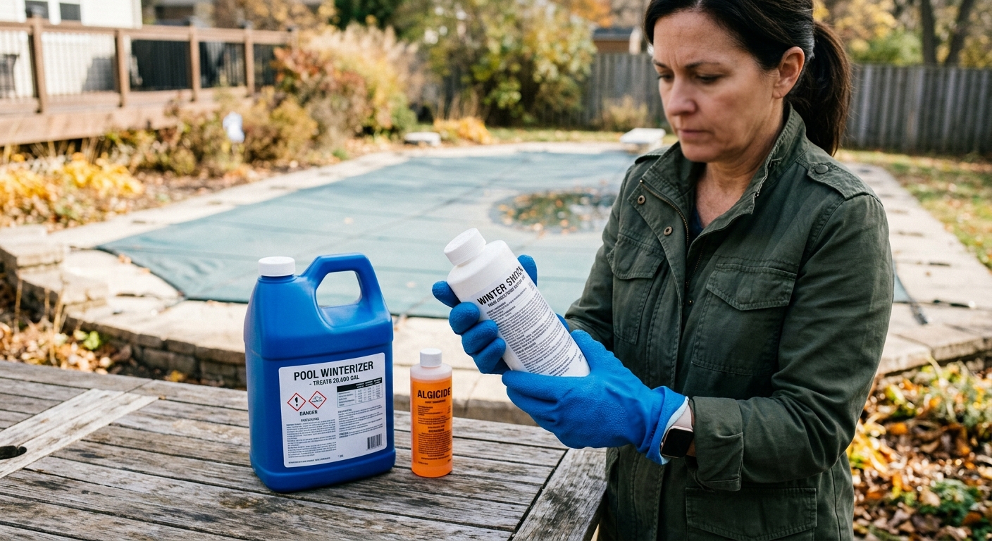 A pool owner reads a winterizing chemical label beside closed, separate containers.