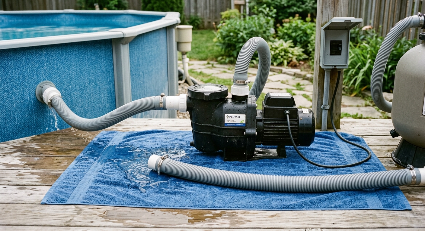 An above-ground pool pump and flexible hoses are disconnected and draining on a dry towel.