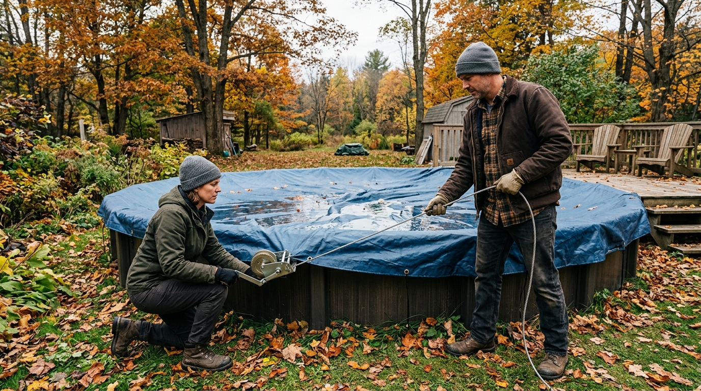 Two adults secure a fitted blue winter cover with a cable and winch around an above-ground pool.