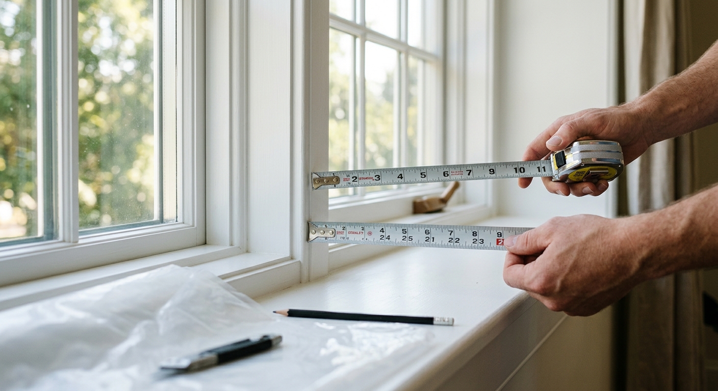 A clean, dry interior window frame is measured before insulation film is cut.