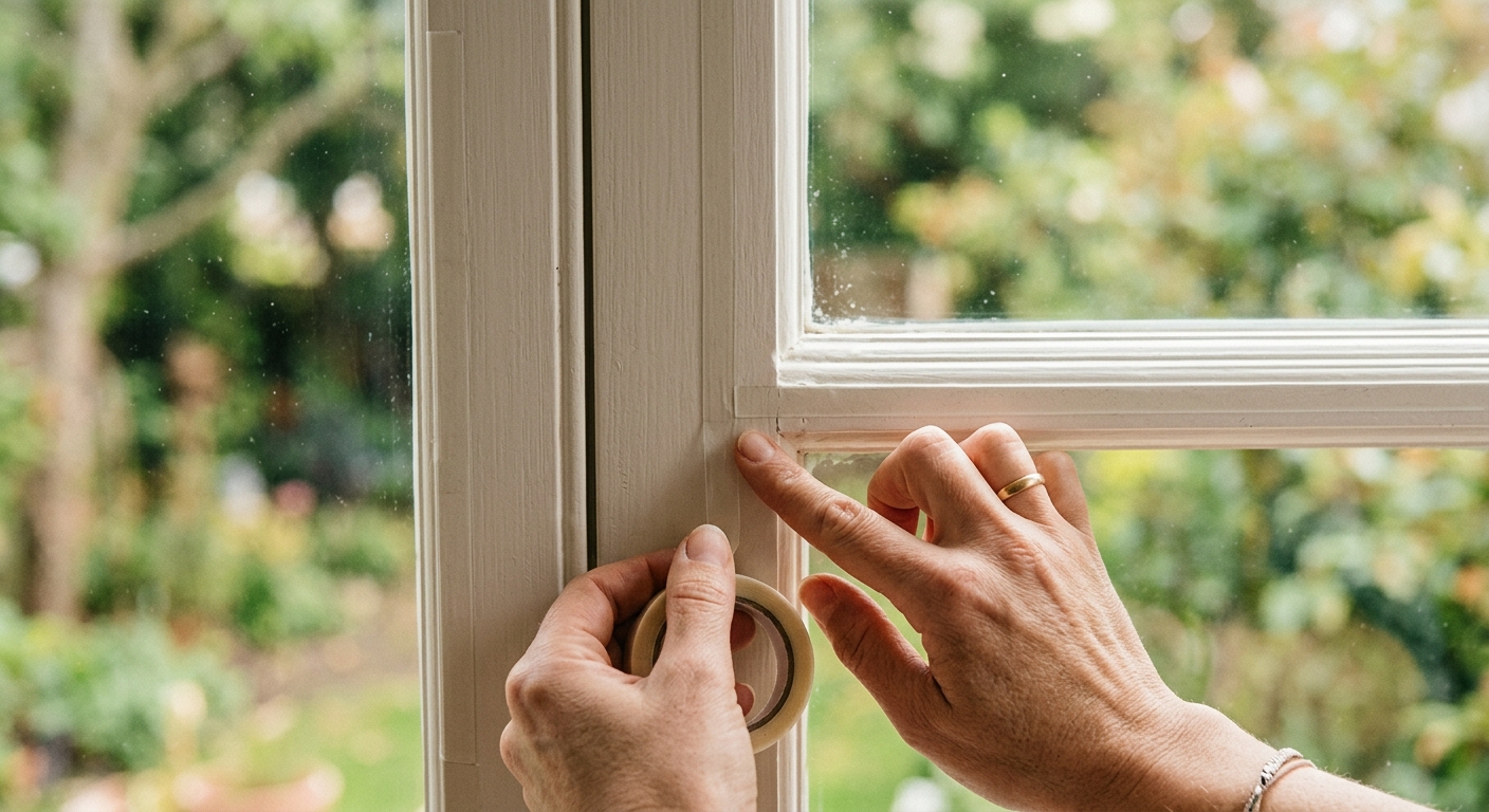 Double-sided tape forms a continuous rectangle around an interior window frame.