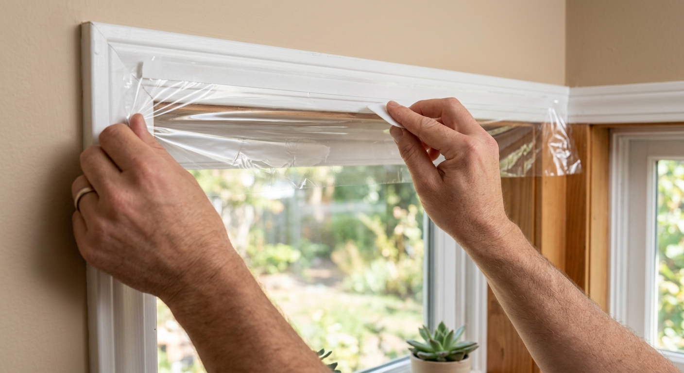 Clear window film is attached at the top first and gently tensioned across the frame.