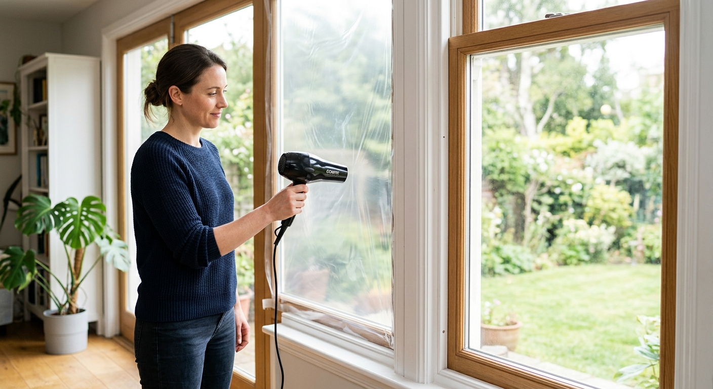 A homeowner moves a hair dryer several inches from window film to shrink out fine wrinkles.