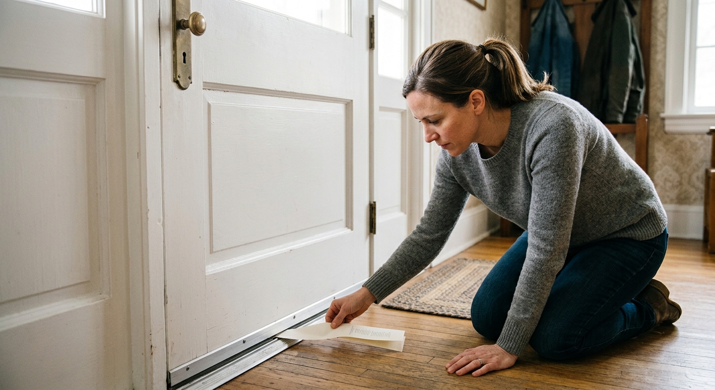 A homeowner checks the bottom gap and threshold of a closed exterior entry door with a paper strip.