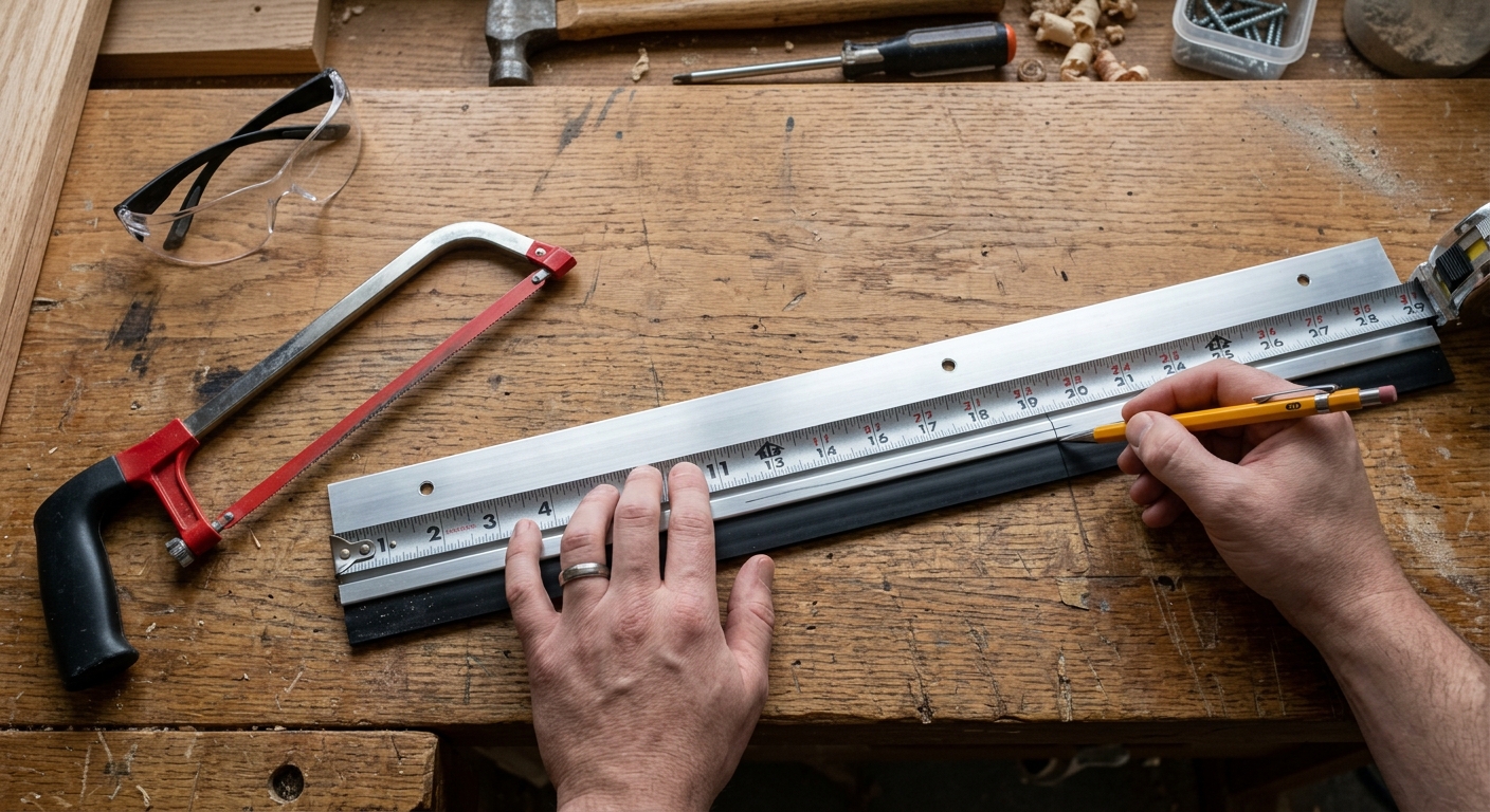 A cut-to-fit aluminum door sweep is measured and marked on a workbench beside a tape measure and hacksaw.
