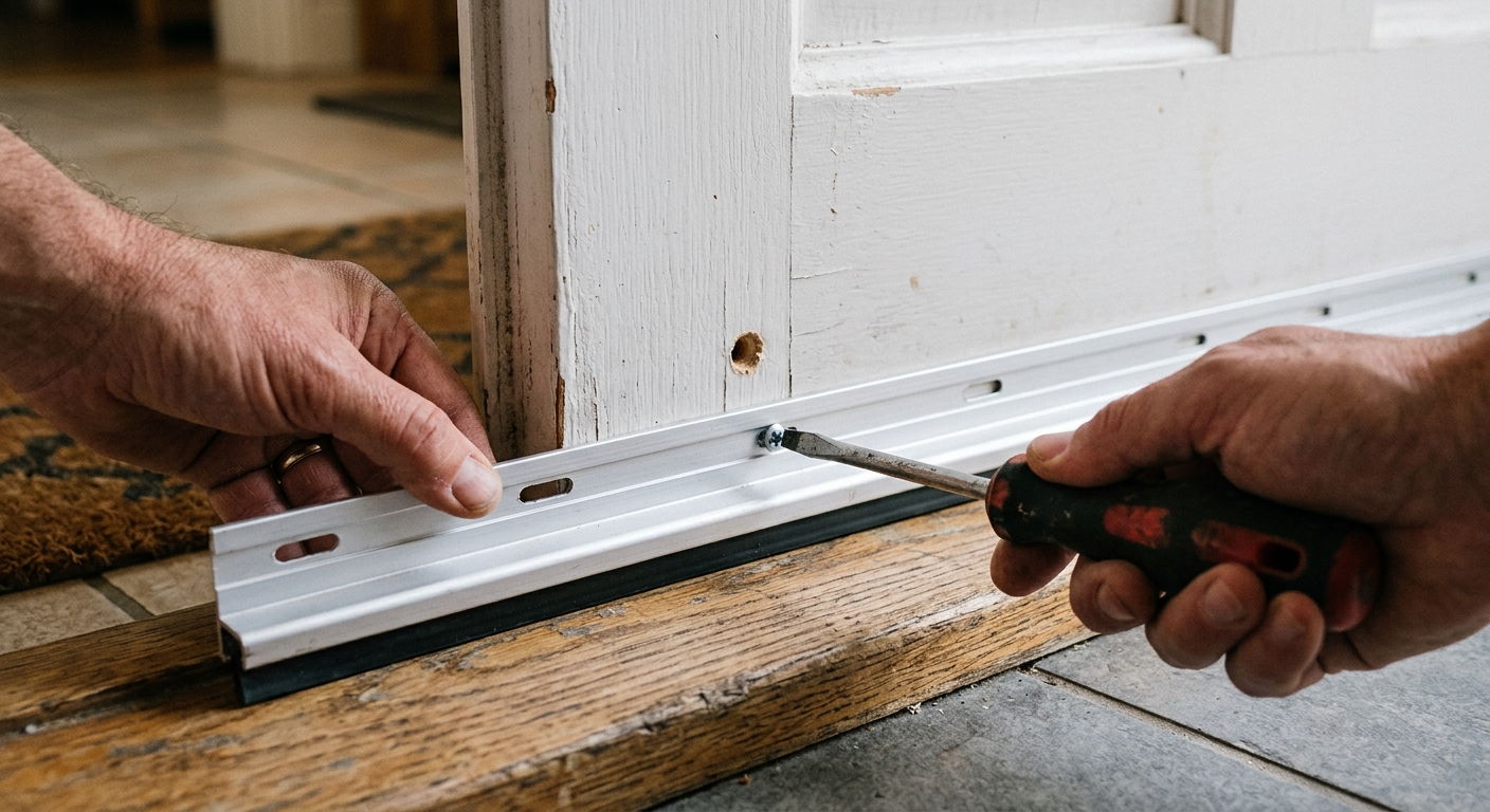 A surface-mounted door sweep is held level against the interior face of an exterior door while a center screw is started.