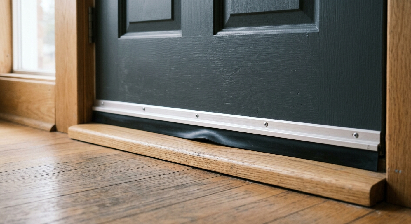 A closed entry door shows a properly adjusted black neoprene sweep making even contact with the threshold.