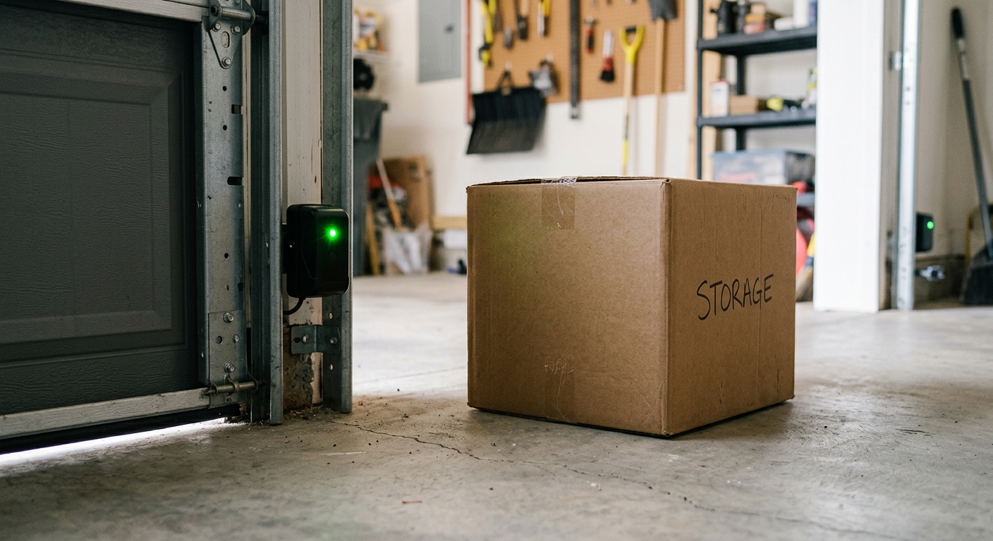 A cardboard box blocks the garage door photo-eye safety beam.