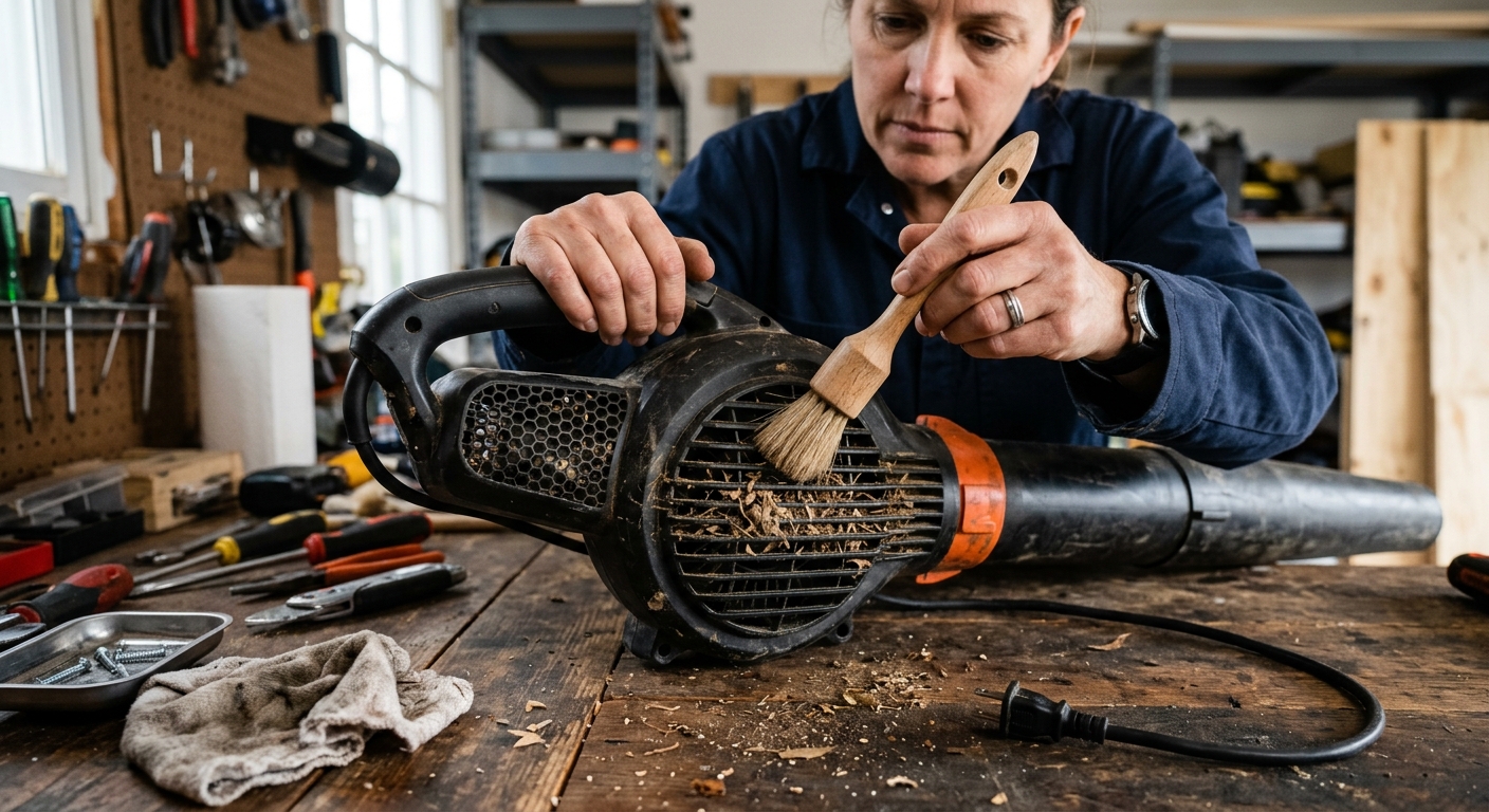 Dry debris being brushed from a leaf blower intake vent.