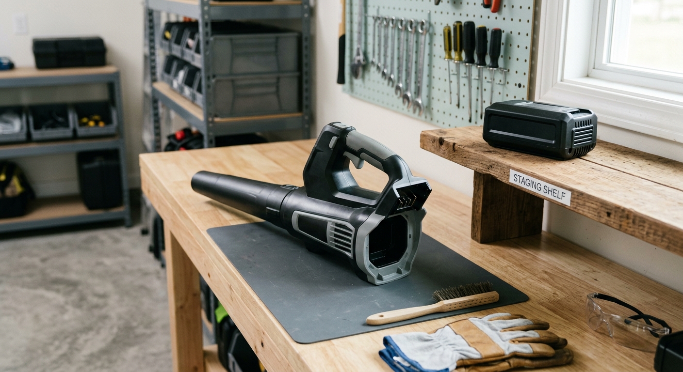 Removed cordless blower battery stored on a dry indoor shelf.