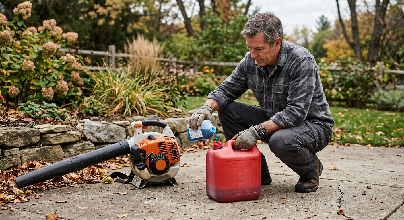Fuel stabilizer measured for seasonal gas leaf blower storage.