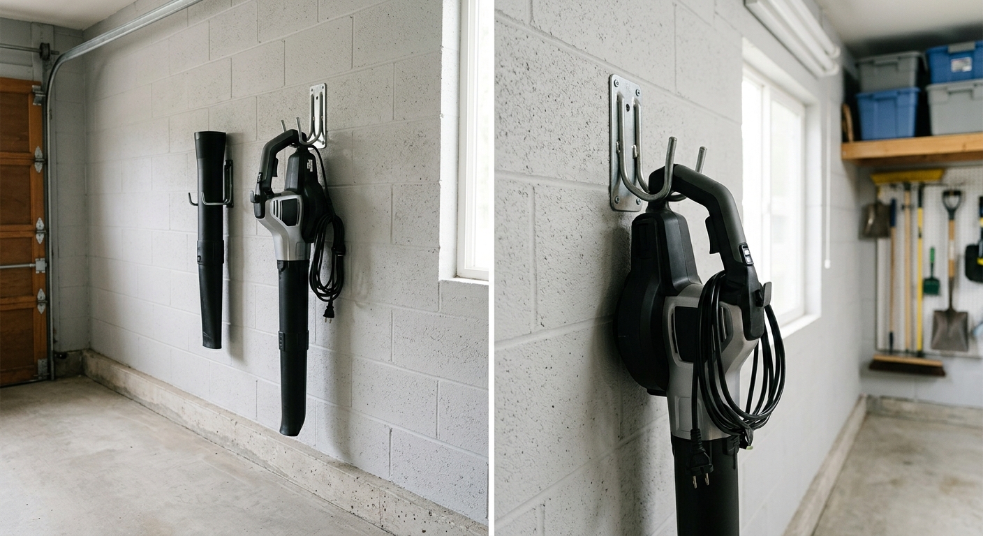 Leaf blower hanging in a dry garage for winter storage.