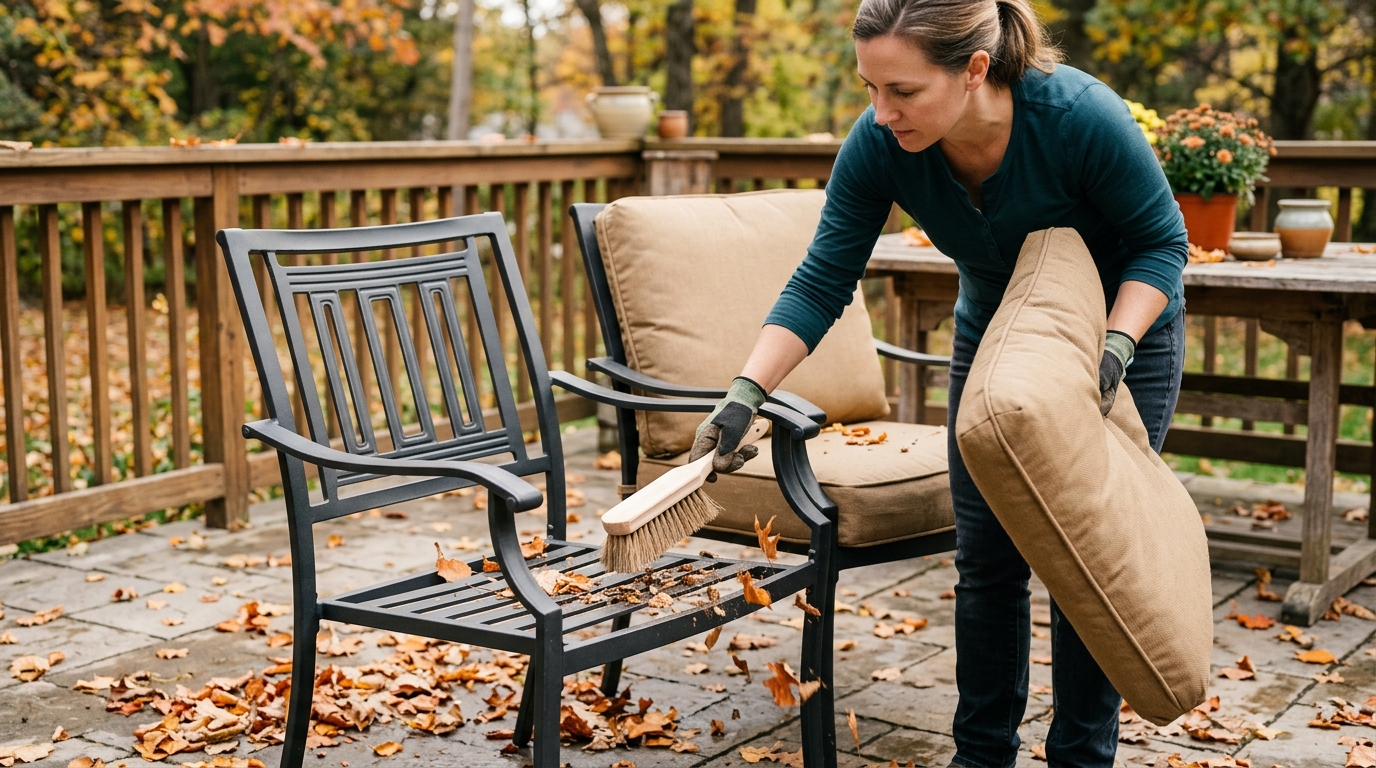 A homeowner sorts patio cushions and brushes loose leaves from a powder-coated outdoor dining set.