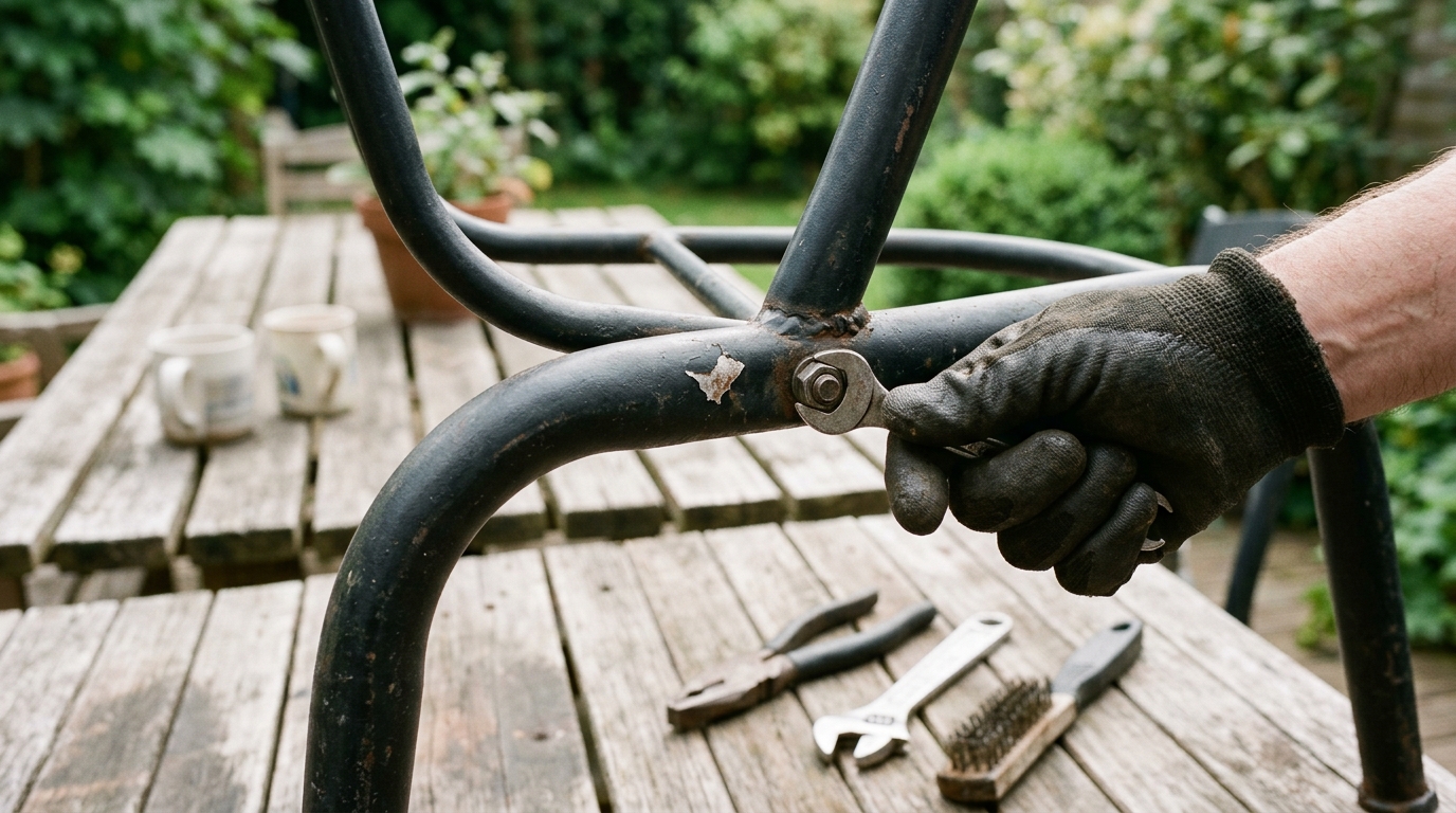 Close view of a dry patio chair frame as a homeowner checks bolts and a small paint chip before storage.